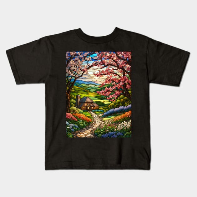 Stained Glass Springtime Path To A Cabin Kids T-Shirt by Chance Two Designs